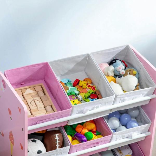 Pink kids storage rack with nine removable bins filled with toys, open front view