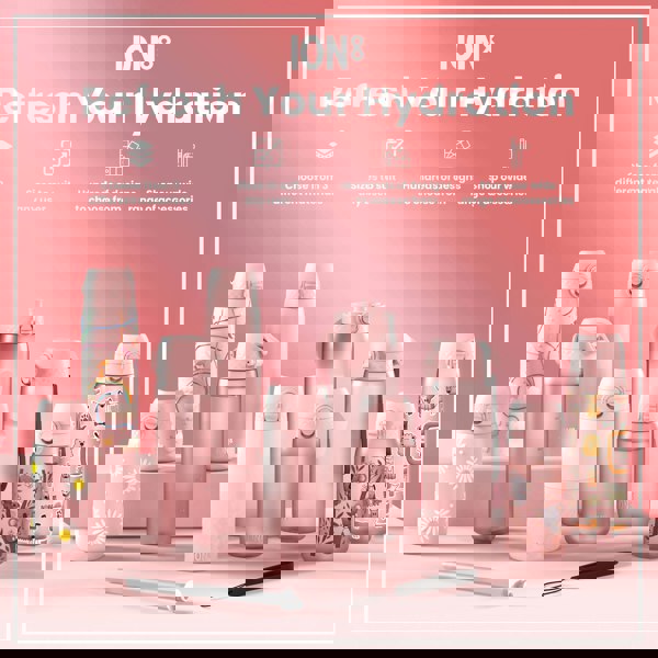 Several pink ION8 water bottles, various sizes and designs, are displayed on a pink surface; accessories are also shown.