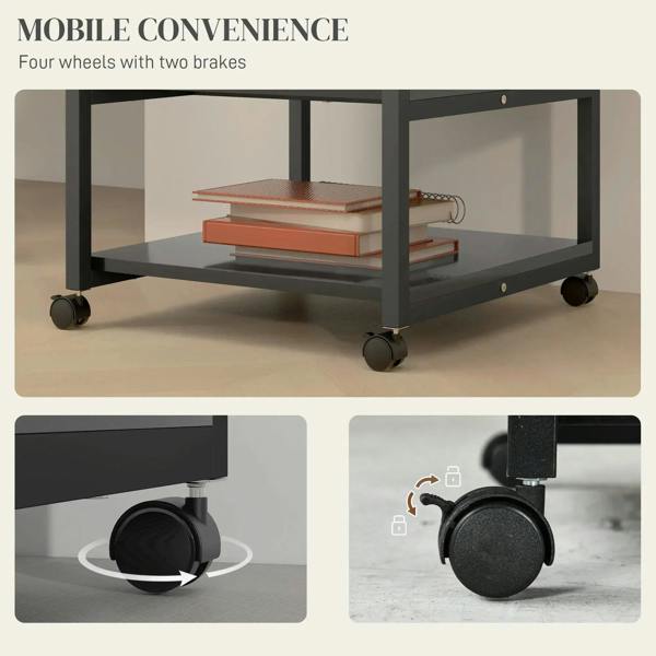 Black steel printer stand on four casters with two locking brakes