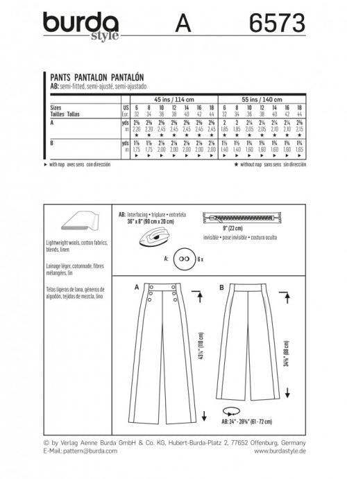 Burda Sewing Pattern 6573 Trousers For Women, 6 to 18 - Easy