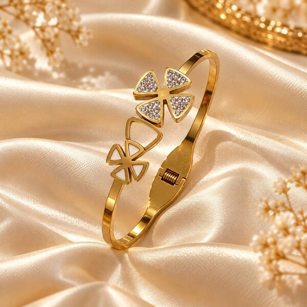 The Colourful Aura 18ct Gold Plated Clear Crystal White Double Flower Floral Open Cuff Bracelet