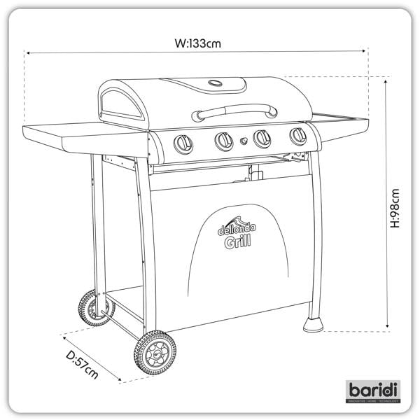 Dellonda 4 Burner Gas BBQ Grill with Piezo Ignition, Built-In Thermometer and Water-Resistant PVC Cover, Black/Stainless Steel - DG229