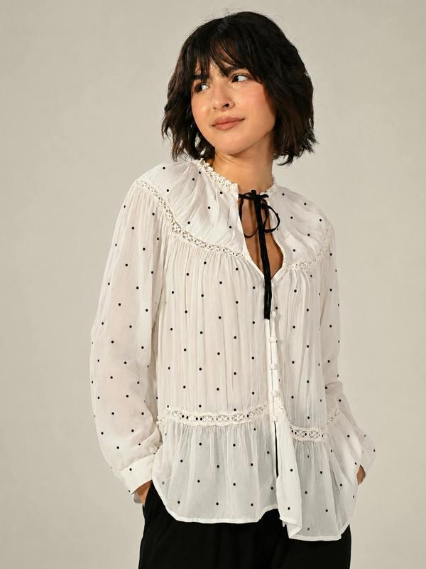 Rose & Nancy Shelley Ivory Polka Dot Tie Neck Lace Trim Blouse