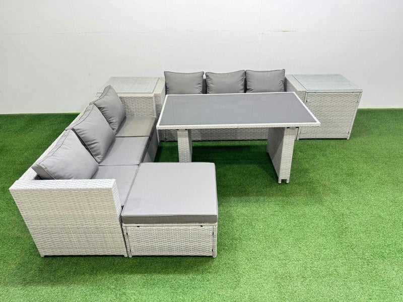 Fimous Rattan Garden Furniture Dining Set 7 seater Patio Rectangular Table Sofa Set with 2 Side Tables Big Stool Light Grey