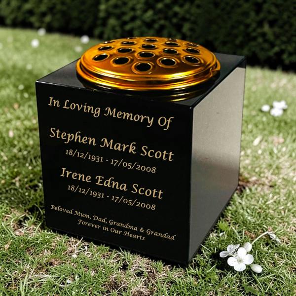 Memorials Direct Granite Memorial Vase for Two Names, Free Personalised Gold Engraving, Solid Granite