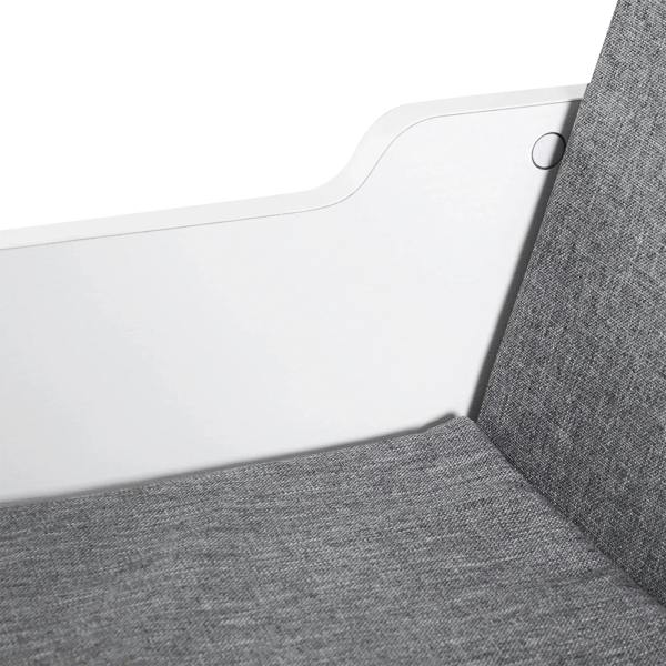 White shelf base with gray upholstered seat cushion and contoured backrest