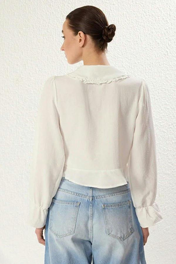 Embroidered Collar Ruffle Detail Tie Front Regular Fit Shirt