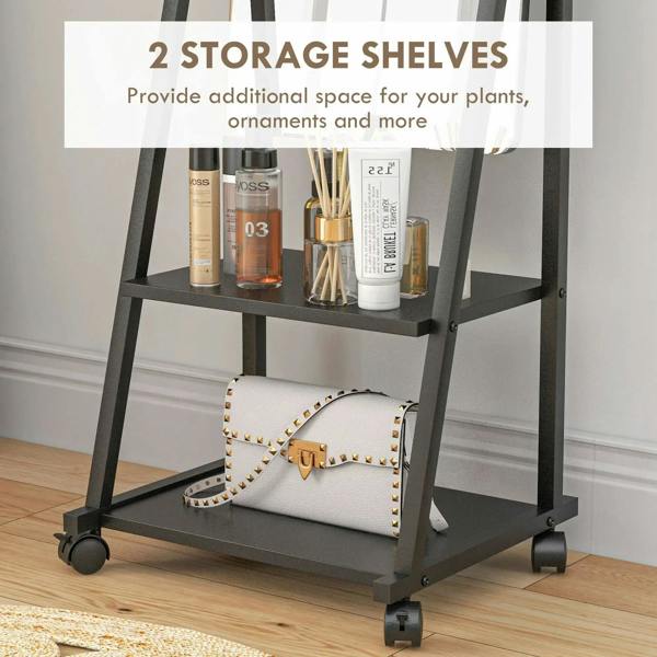 Black dressing mirror with two storage shelves and caster wheels for keeping items