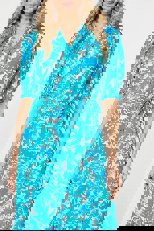 Blue | Printed 1/2 Puff Sleeve Tie Waist Maxi Dress
