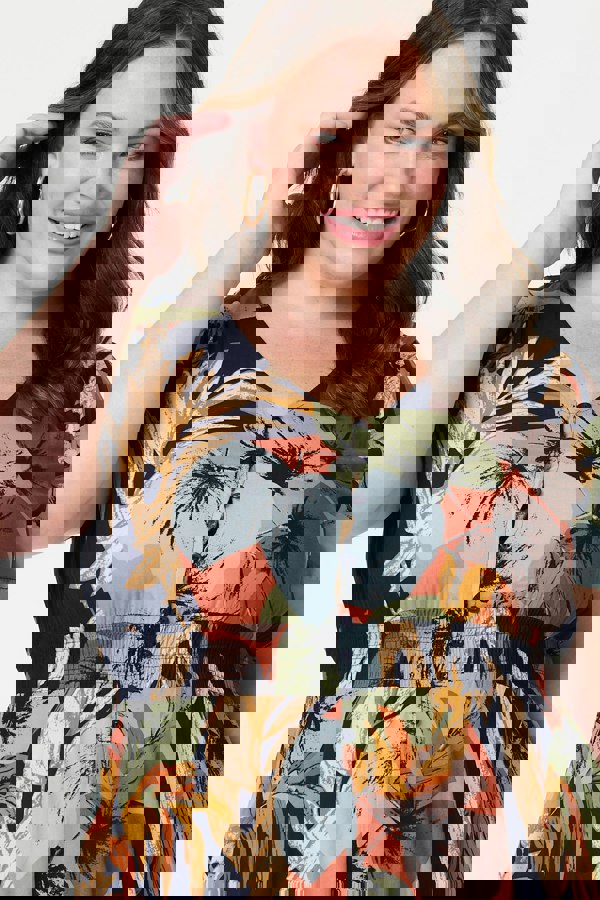 Navy | Floral Print Short Sleeve Midi Dress