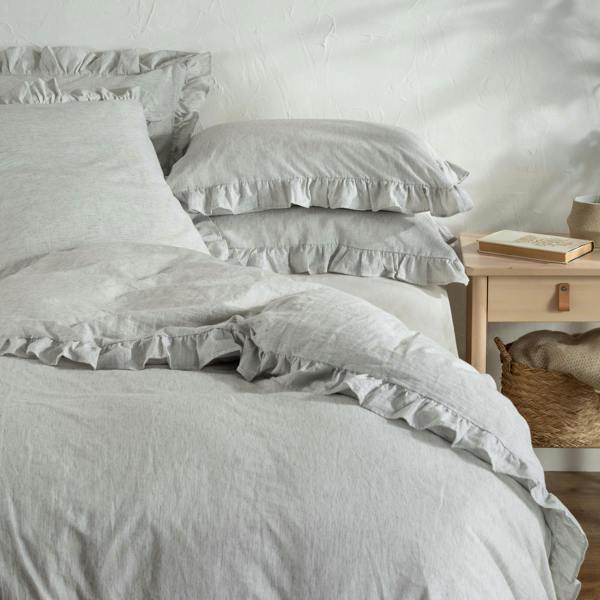 White & Grey Ruffled Linen Cotton Blend Bedding styled in a bedroom | Soak and Sleep