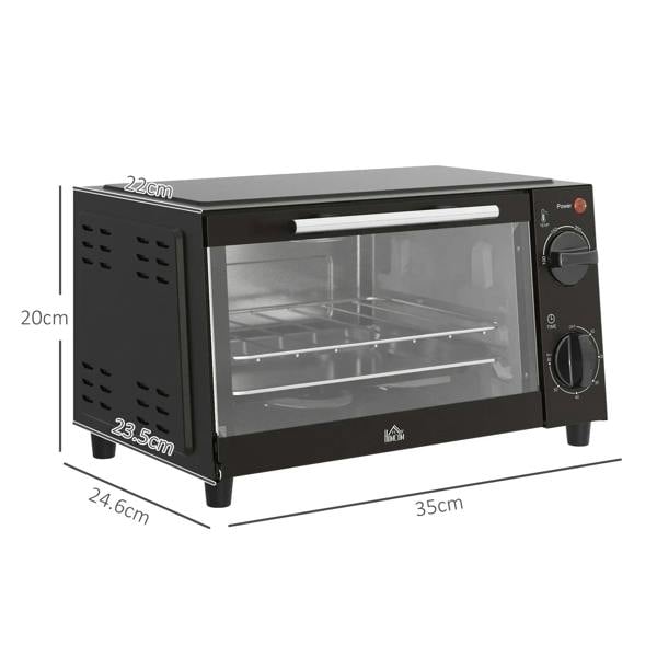 Black mini toaster oven with clear glass door and side vent panels, angled with size markers.