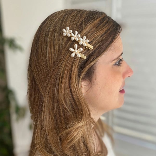 Pearl hair grips, gold metal, floral hair clips, crocodile clip fastening, elegant decorative hair accessories for hair down styles
