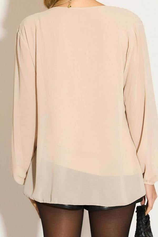 Hoxton Gal Long Sleeves Oversized Pleated Top in Beige
