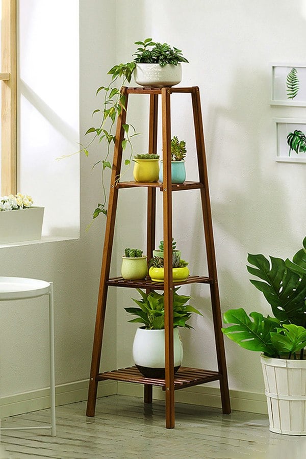 Living and Home 4 Tier Vintage Indoor Plant Stand Solid Wood Display Shelf