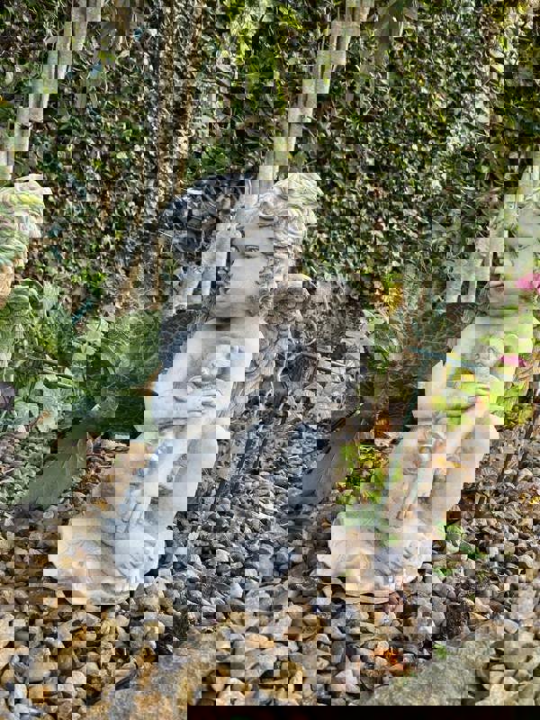 Stone Cast Cherub Ornament with Teddy on Hand