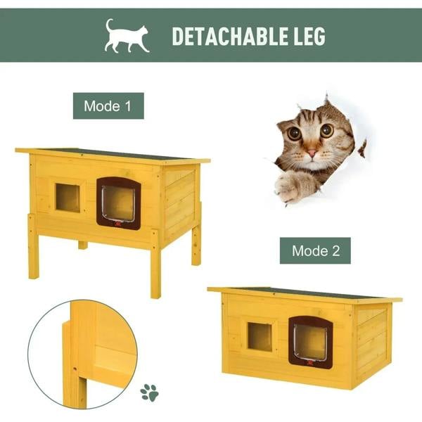 Yellow wooden cat house with detachable legs, two setup modes