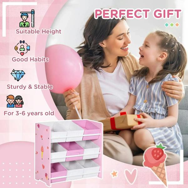 Pink kids storage rack with nine removable bins, shown next to a family with balloons