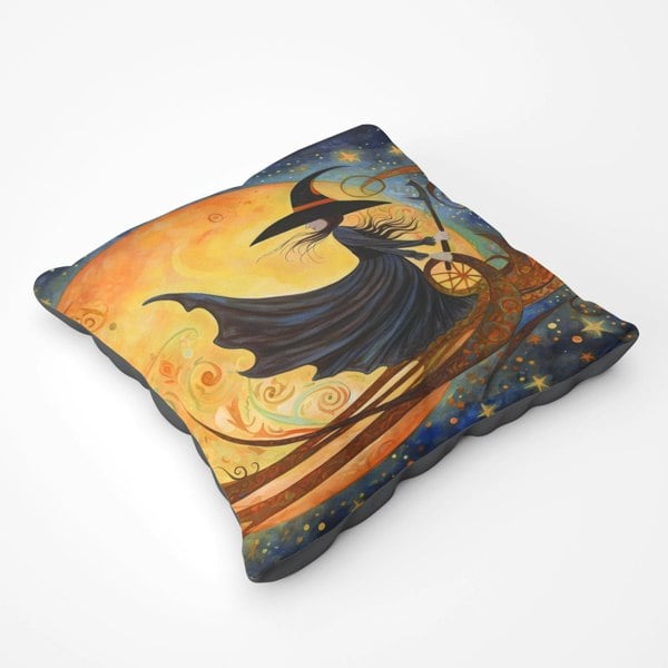 Warren Reed A Whimsical Witch On A Broomstick Floor Cushion