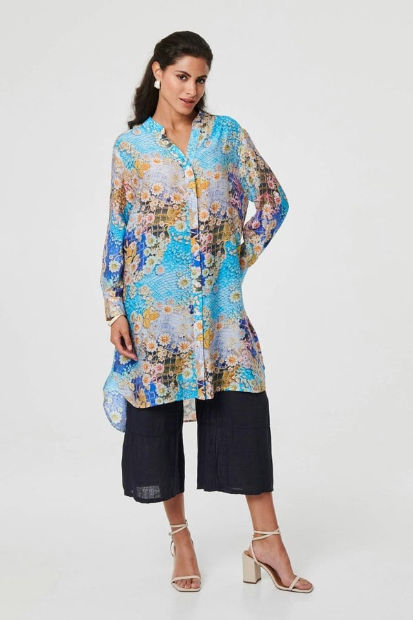 Blue | Floral Long Sleeve Longline Tunic Shirt
