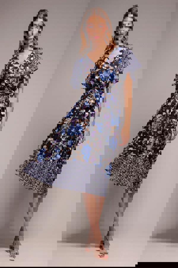 Flutter Sleeve Printed Midi Dress - Navy Print DR3462