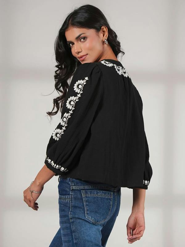 Rose & Nancy Polly Black And Ivory Embroidered Easy Throw-On Cotton Jacket