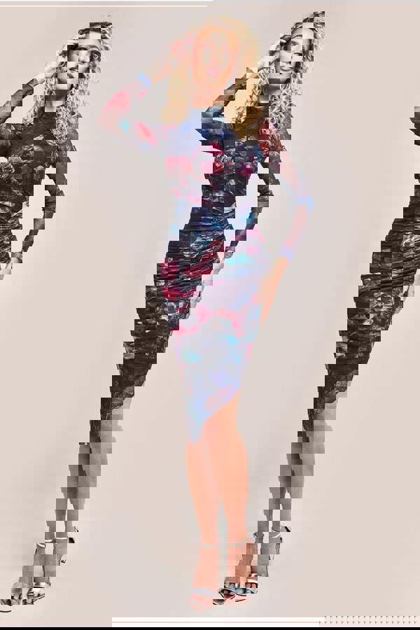 Asymmetric Gathered Skirt Midi Dress - Black DR4317