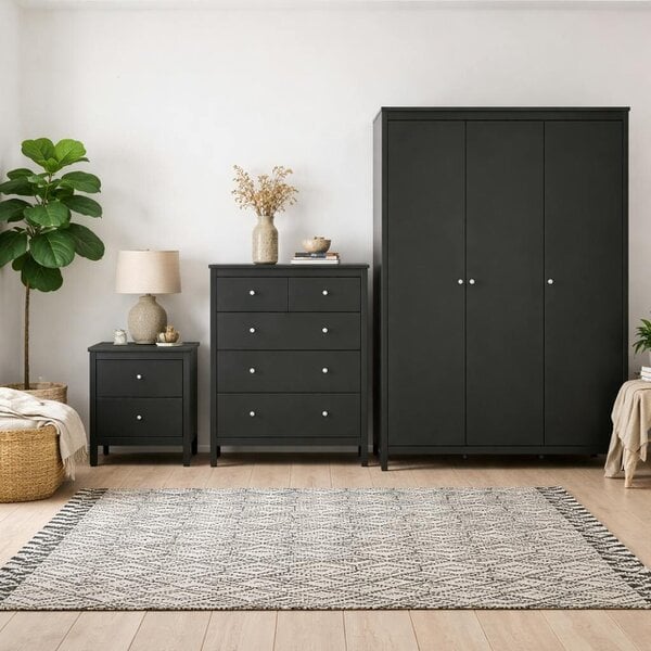 Wyld Haus Gossmere Matt Black Bedroom Set - Bedside Table + Chest of Drawers + Wardrobe 3 Doors