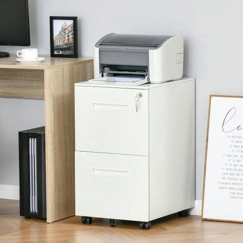 Bobobiy Metal Mobile File Cabinet with Wheels, Lockable 2 Drawer Filing Cabinet for A4, 39 x 48 x 67cm, White