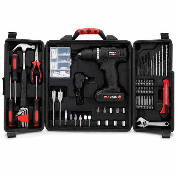 MYLEK 18V Cordless Li-ion Drill And 130 Piece DIY Home Kit With Carry Case
