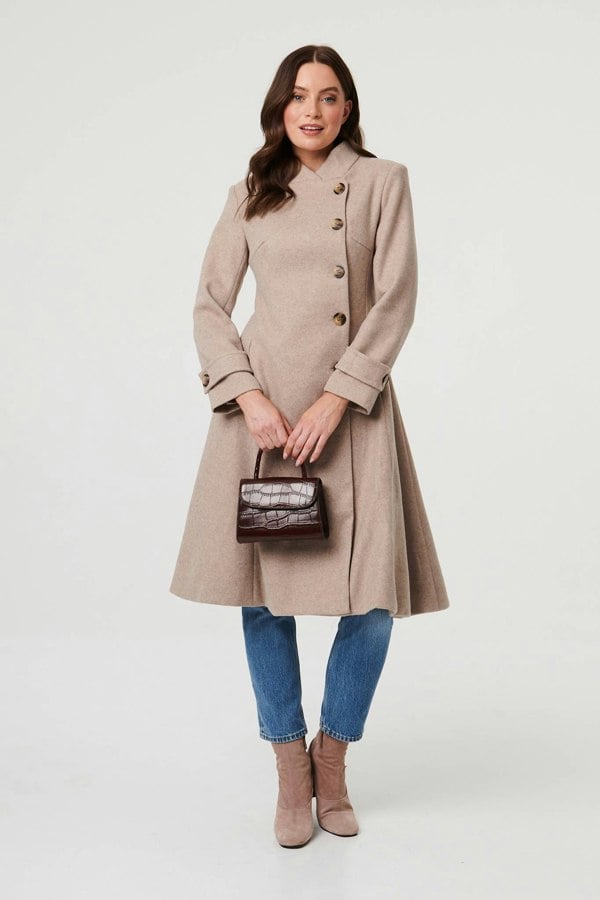 Beige | Button Front Funnel Neck Coat
