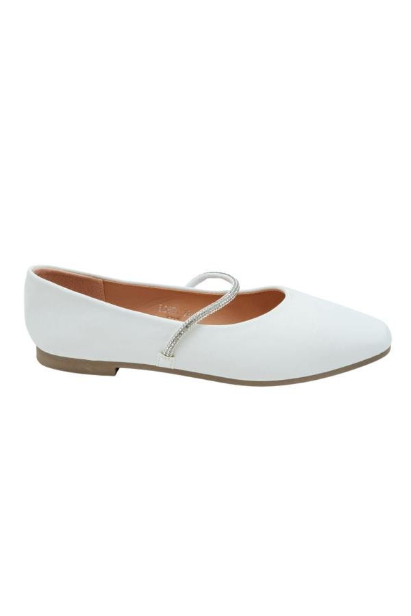Crystal Belle Dolly Shoes White, drawing attention to slip-on design with elasticated crystal strap