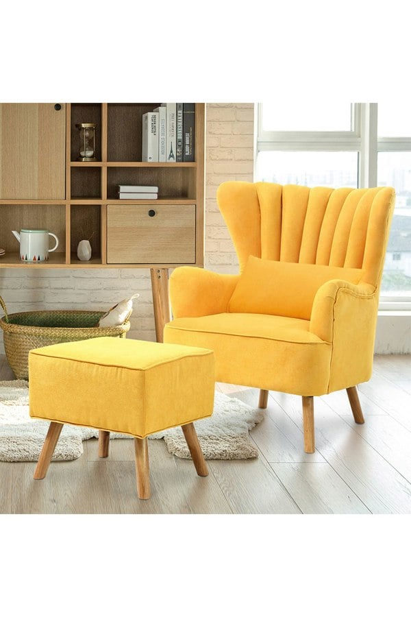 Living and Home Yellow Brushed Fabric Stripe Curved Backrest Armchair with Footstool & Cushion