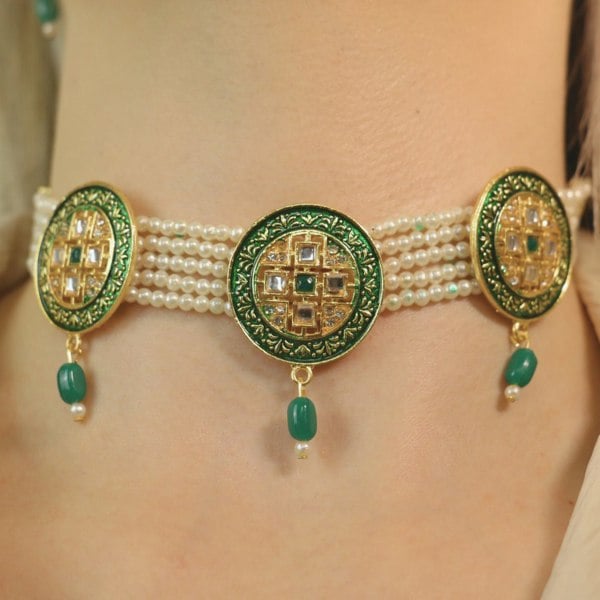 The Colourful Aura Ethnic White Pearl Stone Victorian Bridal Diana Choker Set