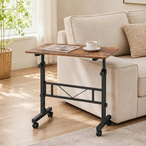 Overbed Table Adjustable Height Sofa Side Table with Wheels 80 x 40 cm Rustic Brown Black
