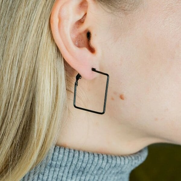The Colourful Aura Black Small Thin Dainty Bar Threader Large Square Geometric Hoop Earrings