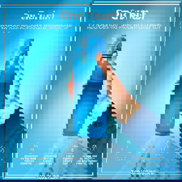 A blue water bottle is being held. Its flip top opens one-handed with a simple click. The bottle is shown against a light blue background. TOUR RECYCLON™ is also visible.