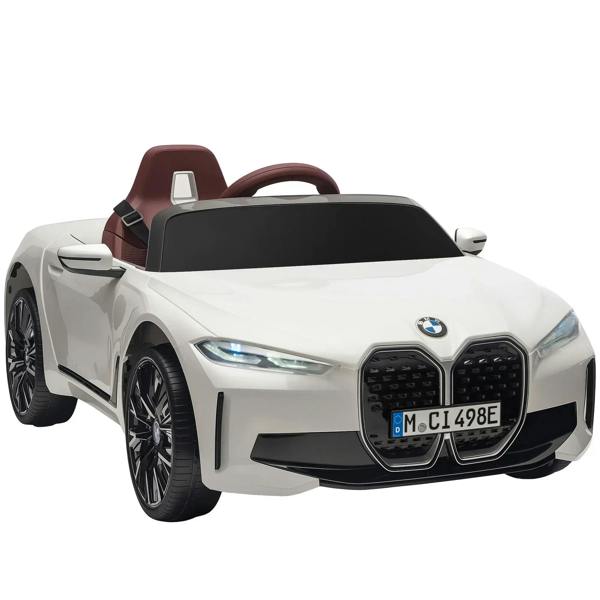 White kids electric ride-on car, maroon interior, front view with LED headlights.