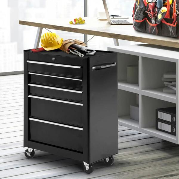 Black 5-drawer tool storage cabinet with lockable drawers and side pull handle