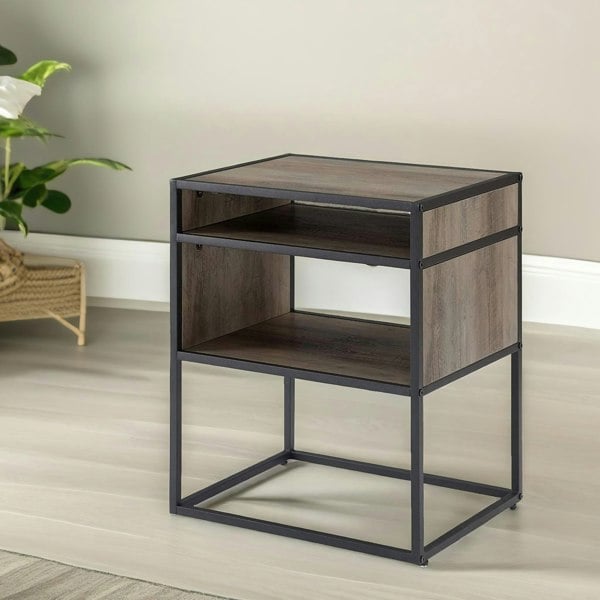 Rafaelo Mobilia Industrial Square Side Table With Open Storage Grey Walnut