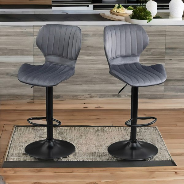 Rafaelo Mobilia Grey Retro Velvet Bar Stools Set Of 2 With Adjustable Height & Swivel