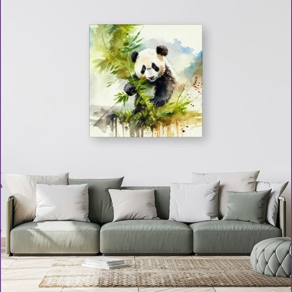 Warren Reed Panda Eating Bamboo Watercolour Canvas