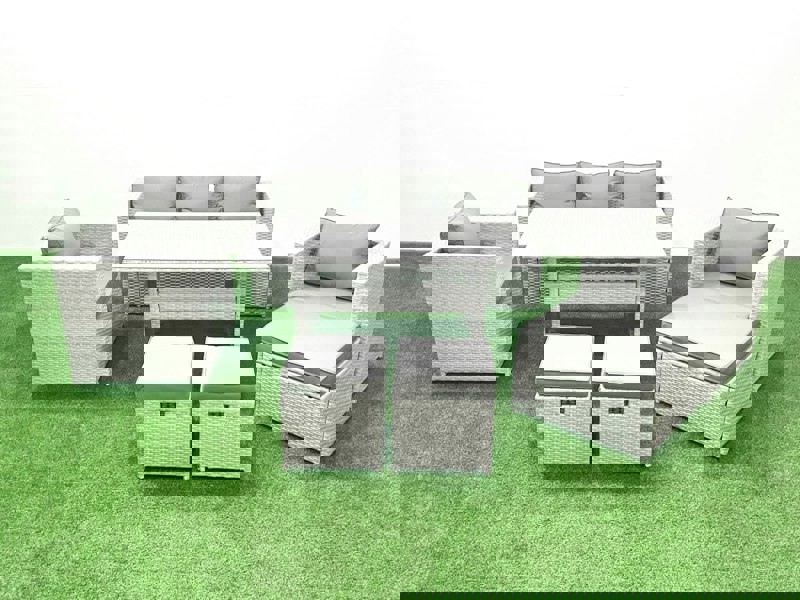 Fimous Garden Dining Set Outdoor Rattan Furniture Set with Sofa Dining Table 2 Chairs 3 Footstools Light Grey Mixed