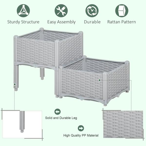 Two grey rattan-effect planters with woven pattern and straight leg supports