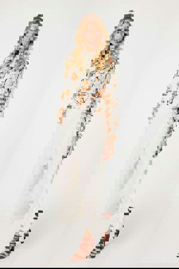 Orange | Floral Shirred High Neck Blouse