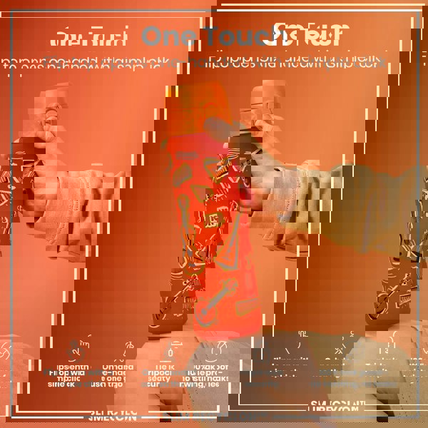 A hand holds an orange, musical instrument-decorated water bottle; its flip top opens with a single click; against an orange background.