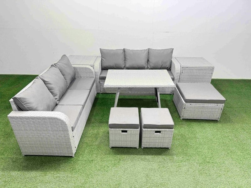 Fimous Patio Dining Table & Chairs Set Rattan High Back Lounge Sofa Set with 3 Seater Sofa 2 Side Tables 3 Stool Light Grey