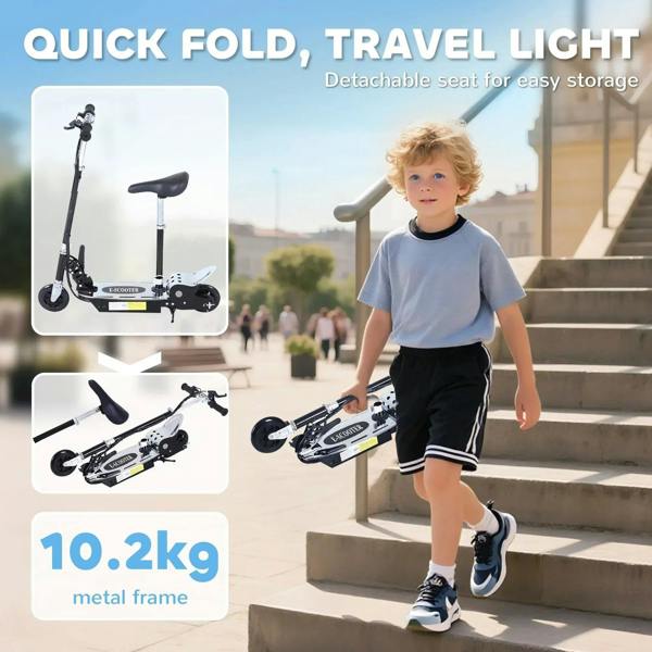 Foldable powered scooter with detachable seat for easy storage and travel