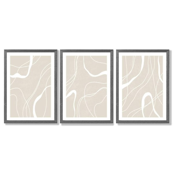Set of 3 Abstract Neutral Beige Framed Art Prints with Dark Grey Wooden Frames