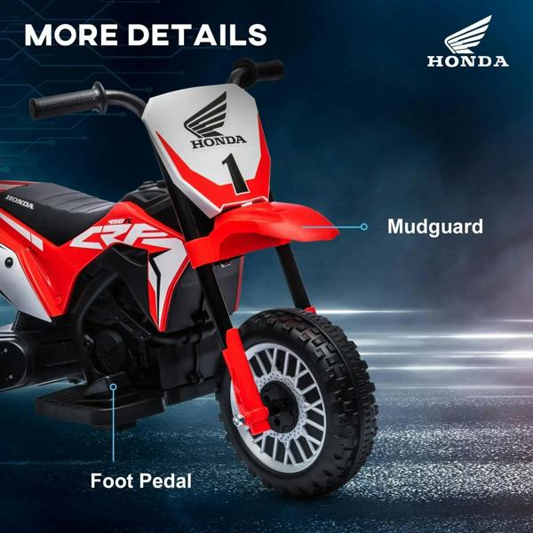 Red three-wheel kids motorbike front wheel with mudguard and foot pedal detail